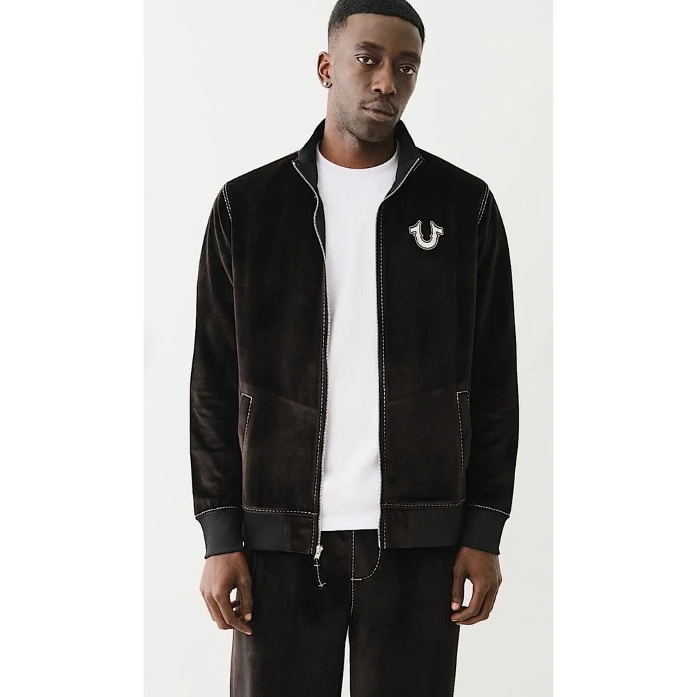 True Religion Mens Big T Velvet Mock Zip Up Jacket Jet Black Size XS‎ New